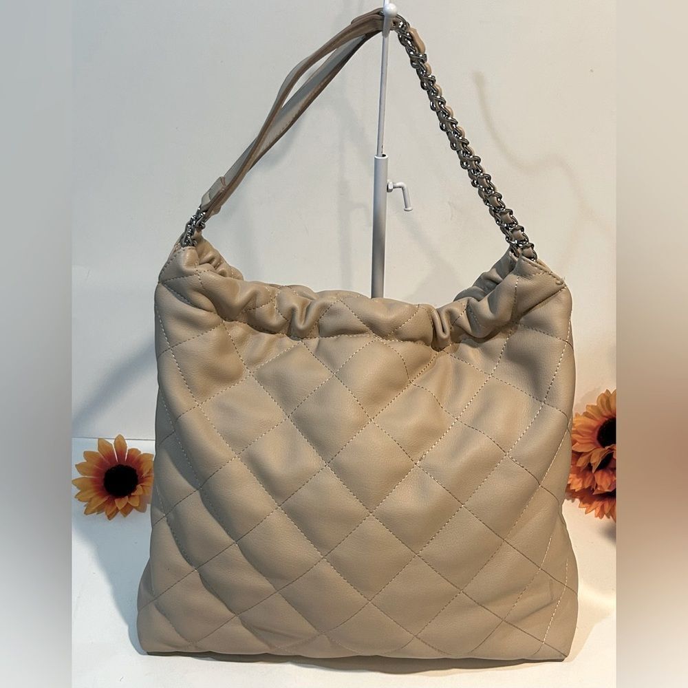 INC International Concepts Tan Quilted Chain Shoulder Bag Hobo Tote - Picture 3 of 13